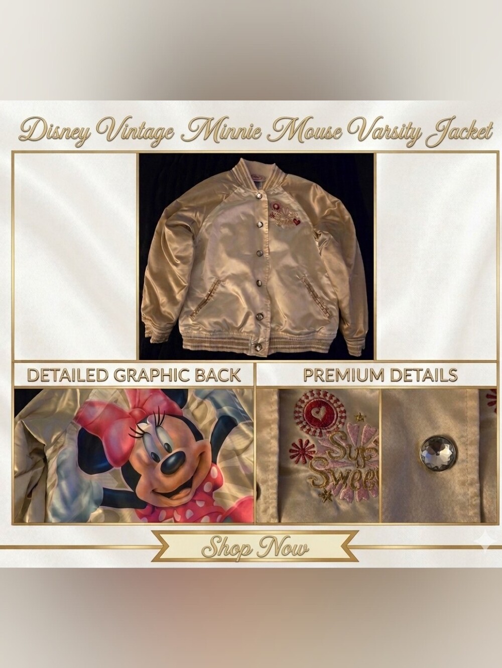 Vintage Disney Store Minnie Mouse Satin Varsity Jacket Kids XS EUC